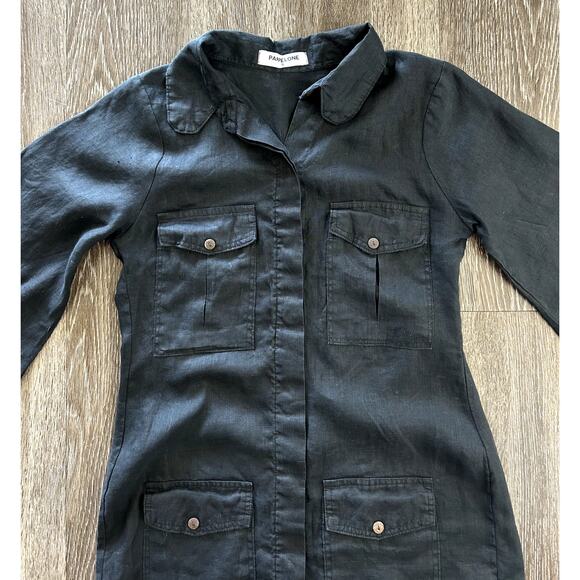 EUC Pampelone Mae Black Linen Utility Dress Sz Small Button Down 3/4 Sleeve Mini - Picture 9 of 16
